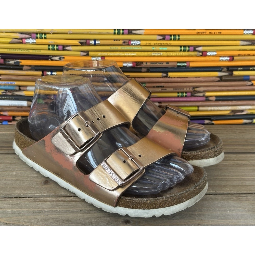 Birkenstock Gold/Pink Birko Flor Slides Sandals Women's 38 / 7 Narrow